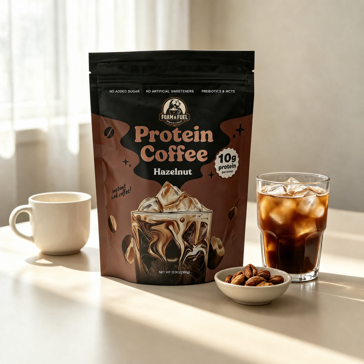 Foam & Fuel Hazelnut protein coffee beside an iced coffee
