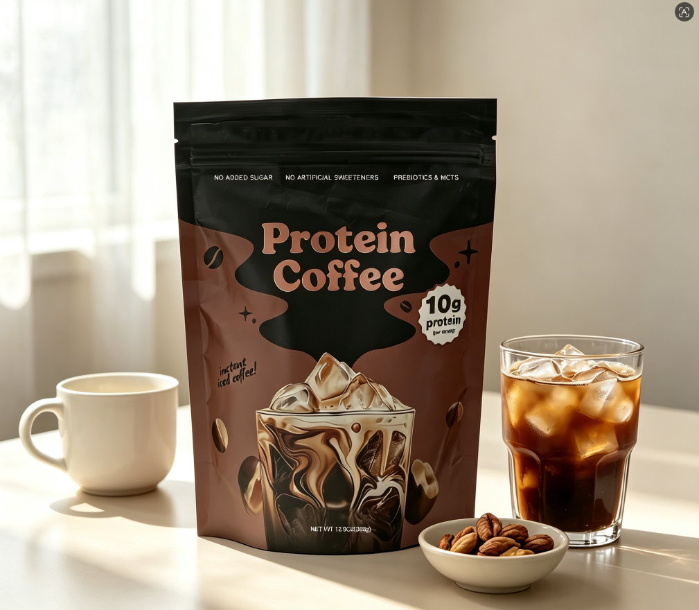 Foam & Fuel Hazelnut protein coffee beside an iced coffee